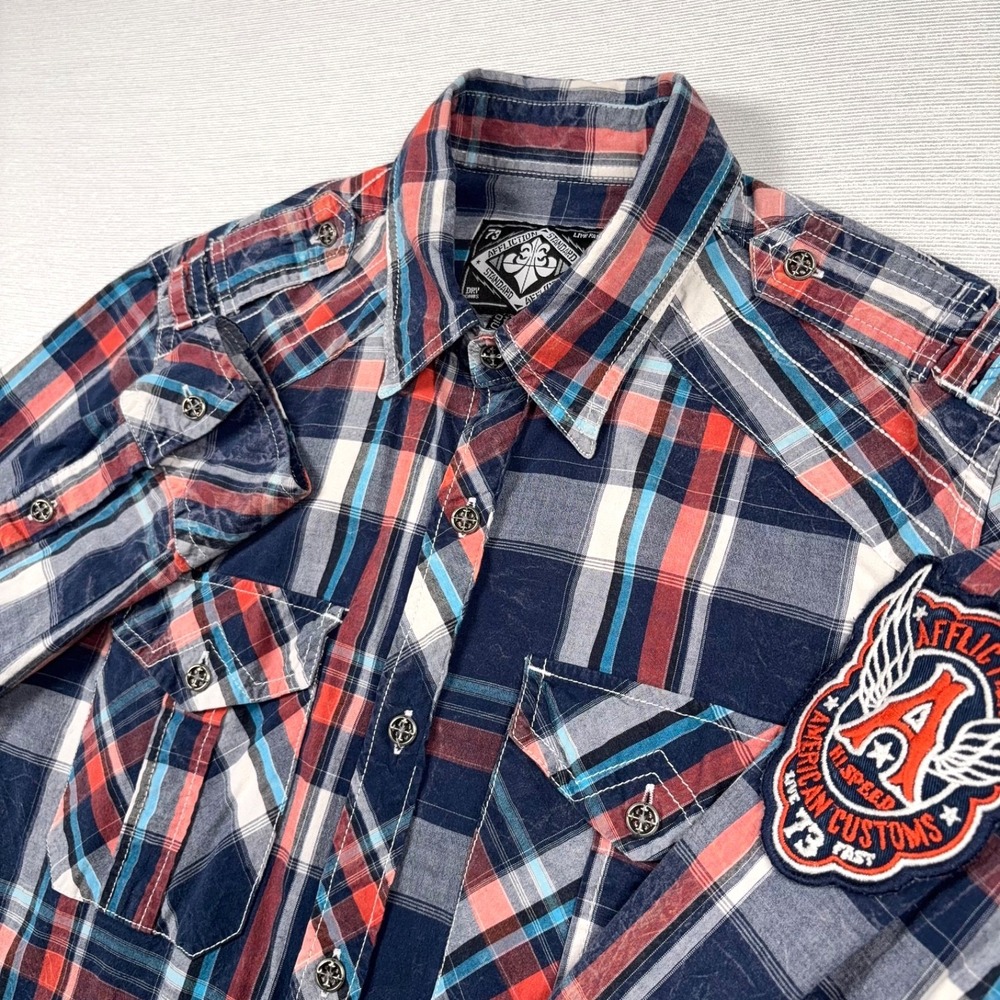 Affliction Slim Fit Long Sleeve Shirt Mens Size M Blue Red Plaid Cotton Spandex